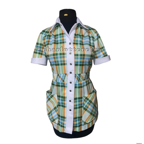 Vintage Tops - vtg Plaid Cafeteria Lady Smock Uniform